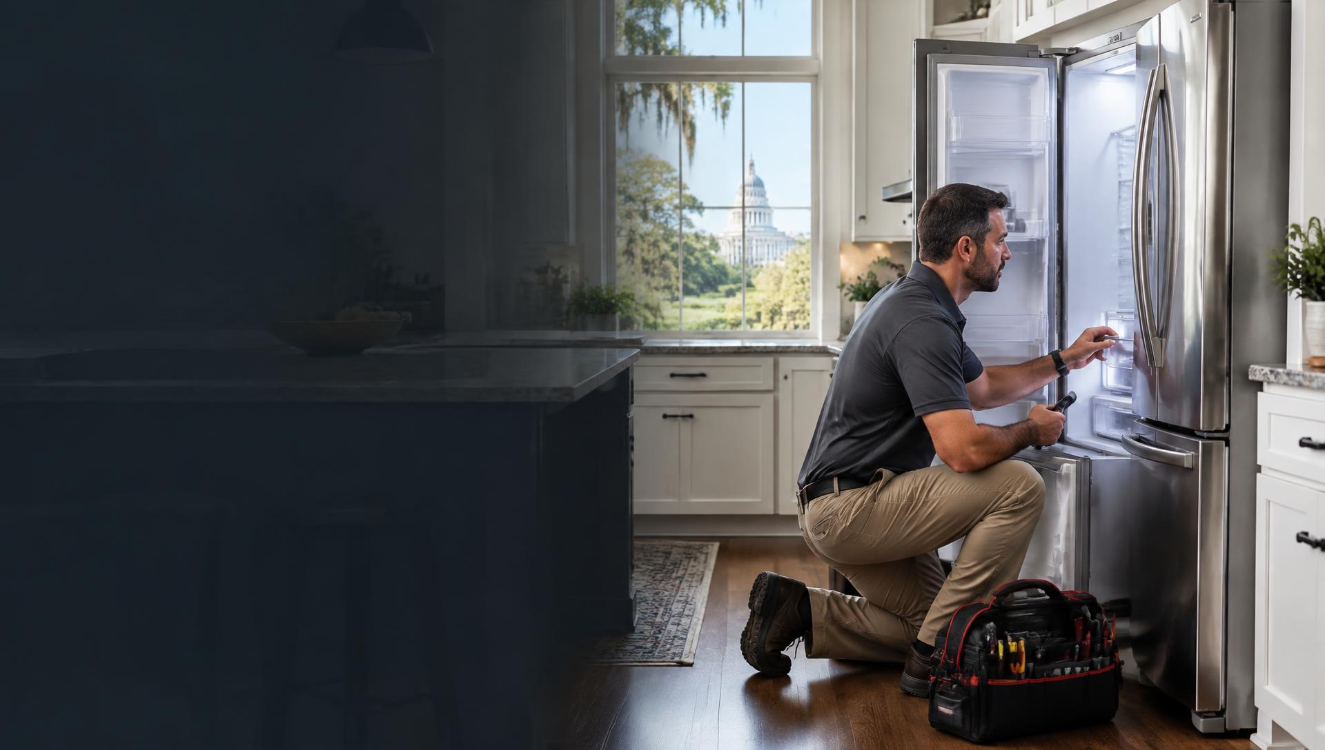 Technician inspecting a refrigerator in a Tallahassee home