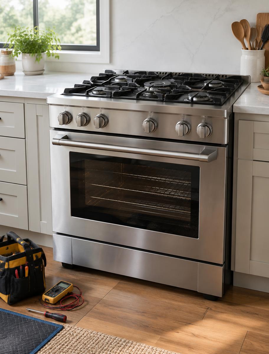 Stainless steel kitchen range prepared for service