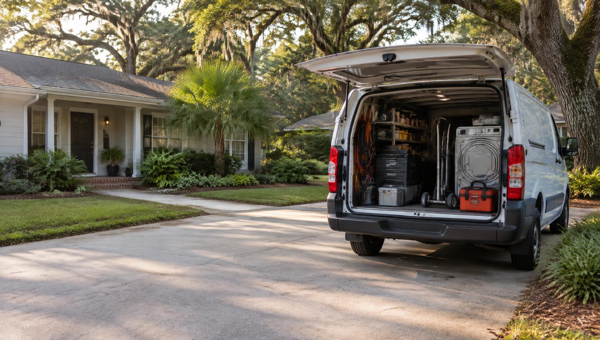 Service van parked in a Tallahassee driveway, stocked for appliance repair